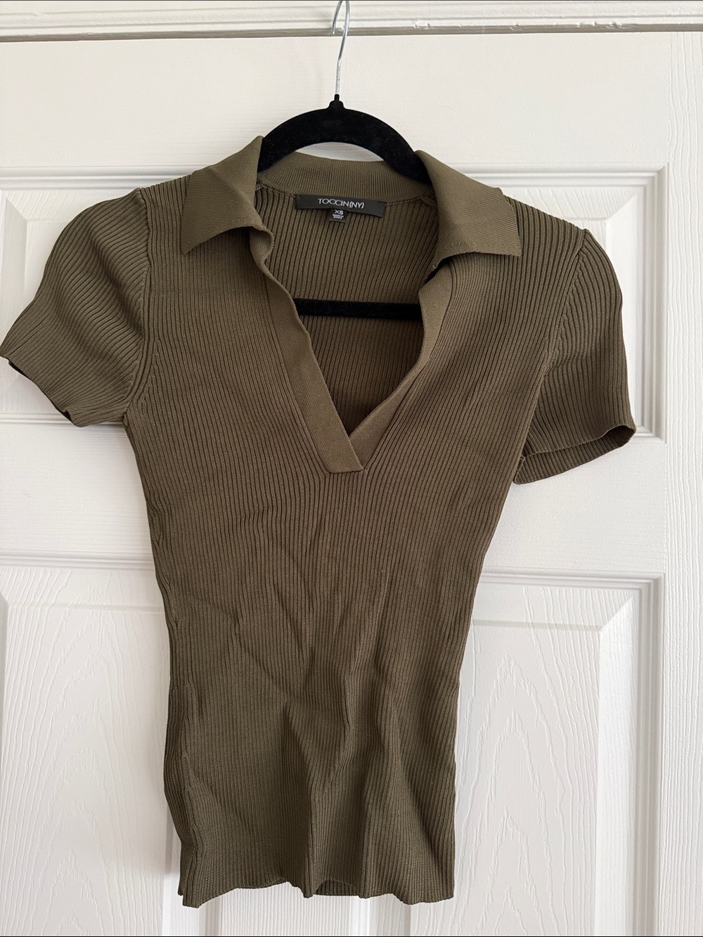 Tocomania Olive Ribbed Polo V-Neck Short Sleeve Top